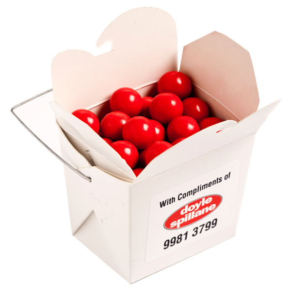 White Cardboard Noodle Box Filled with Orange Choc Drops (Jaffa Look Alike) 100G