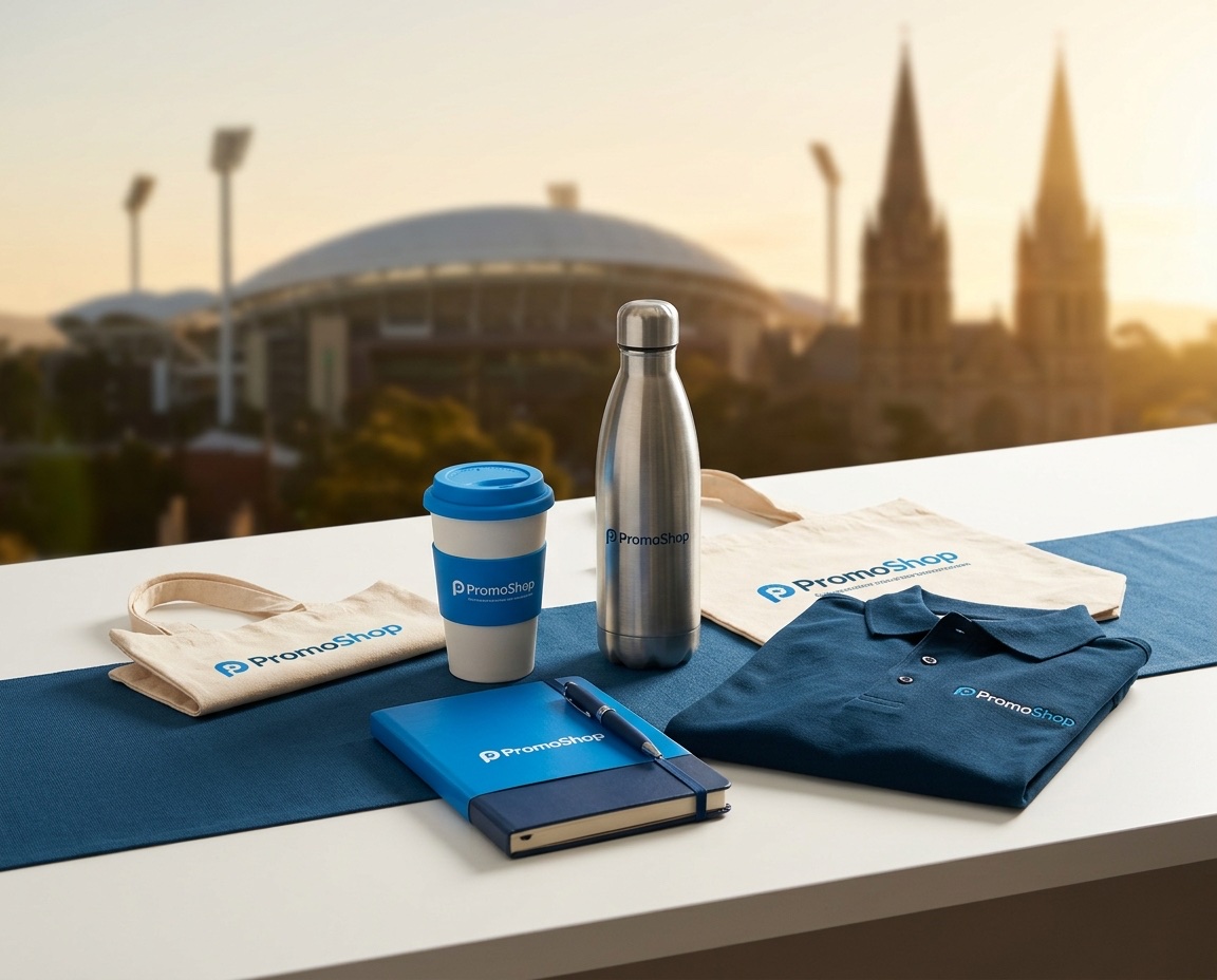 Promotional products in Adelaide SA — branded merchandise flat-lay including a reusable coffee cup, stainless steel water bottle, canvas tote bag, A5 notebook with pen and embroidered polo shirt, ready for Adelaide corporate buyers via PromoShop