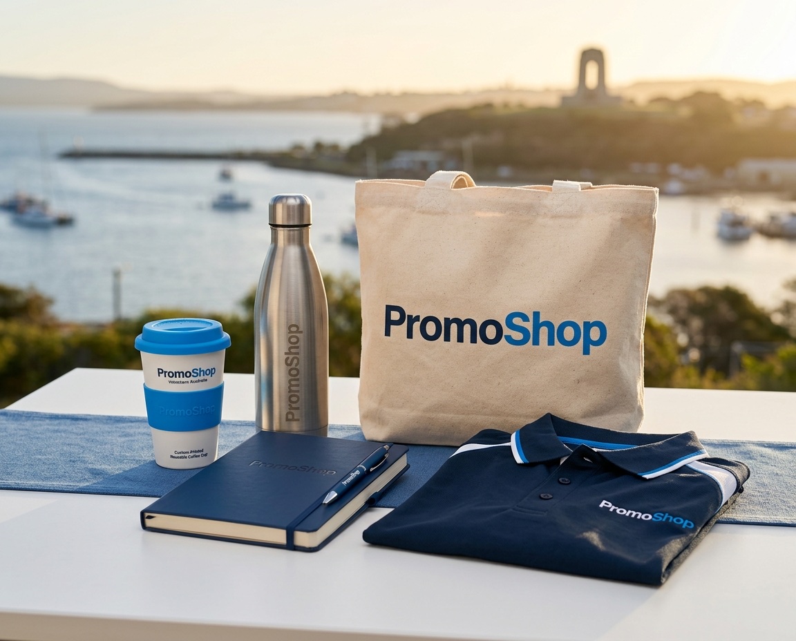Promotional products in Albany WA — branded merchandise flat-lay including a reusable coffee cup, stainless steel water bottle, canvas tote bag, A5 notebook with pen and embroidered polo shirt, ready for Albany corporate buyers via PromoShop
