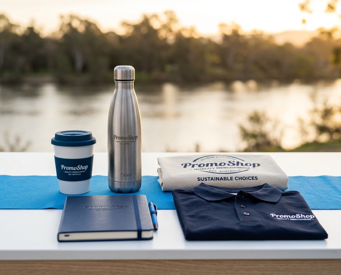 Promotional products in Albury NSW — branded merchandise flat-lay including a reusable coffee cup, stainless steel water bottle, canvas tote bag, A5 notebook with pen and embroidered polo shirt, ready for Albury corporate buyers via PromoShop