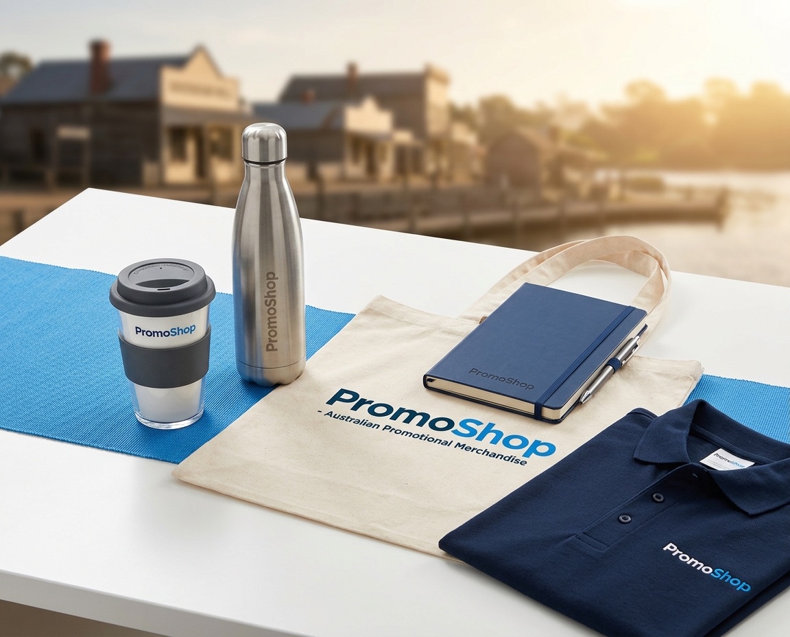 Promotional products in Ballarat VIC — branded merchandise flat-lay including a reusable coffee cup, stainless steel water bottle, canvas tote bag, A5 notebook with pen and embroidered polo shirt, ready for Ballarat corporate buyers via PromoShop