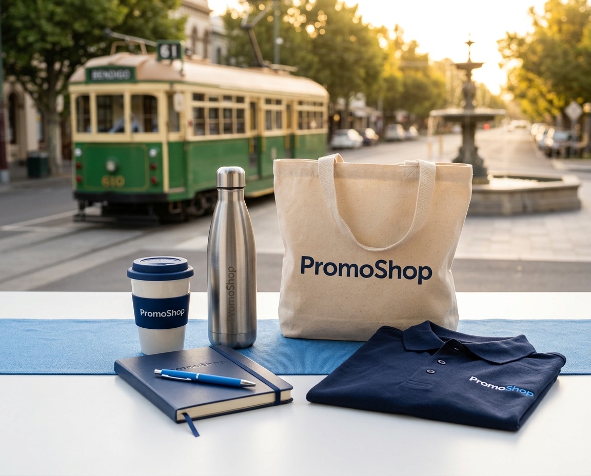 Promotional products in Bendigo VIC — branded merchandise flat-lay including a reusable coffee cup, stainless steel water bottle, canvas tote bag, A5 notebook with pen and embroidered polo shirt, ready for Bendigo corporate buyers via PromoShop