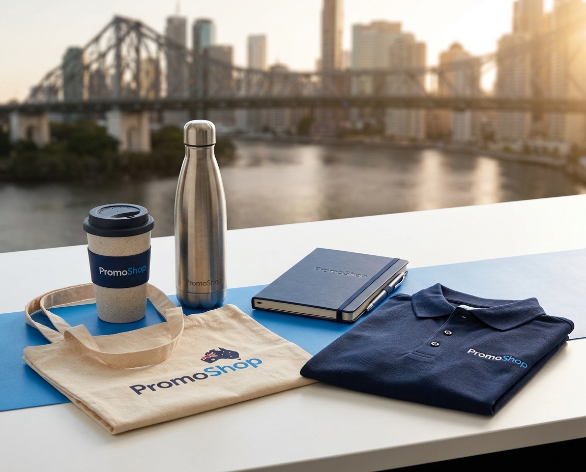 Promotional products in Brisbane QLD — branded merchandise flat-lay including a reusable coffee cup, stainless steel water bottle, canvas tote bag, A5 notebook with pen and embroidered polo shirt, ready for Brisbane corporate buyers via PromoShop