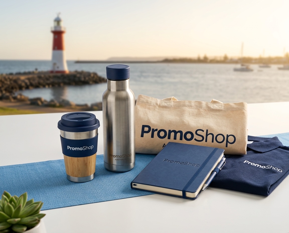 Promotional products in Bunbury WA — branded merchandise flat-lay including a reusable coffee cup, stainless steel water bottle, canvas tote bag, A5 notebook with pen and embroidered polo shirt, ready for Bunbury corporate buyers via PromoShop