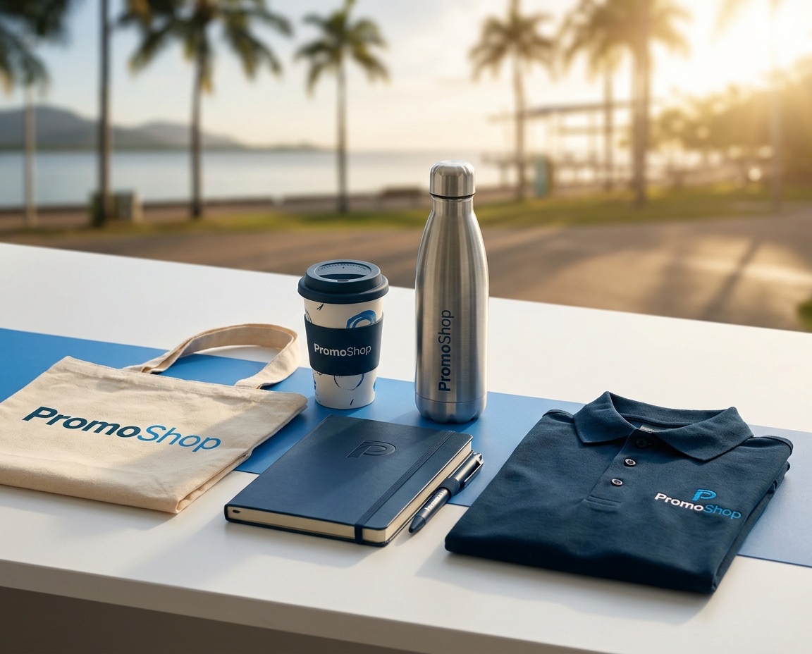 Promotional products in Cairns QLD — branded merchandise flat-lay including a reusable coffee cup, stainless steel water bottle, canvas tote bag, A5 notebook with pen and embroidered polo shirt, ready for Cairns corporate buyers via PromoShop