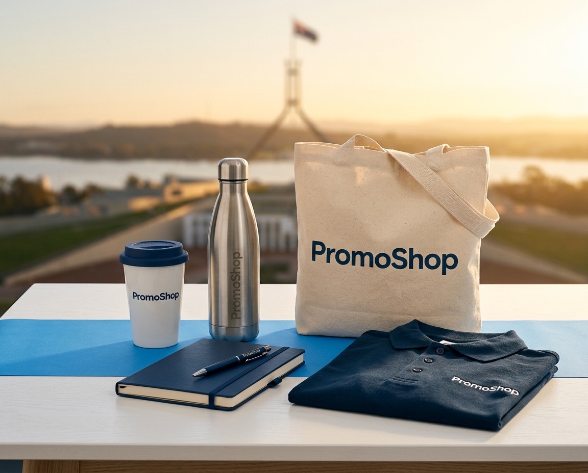 Promotional products in Canberra ACT — branded merchandise flat-lay including a reusable coffee cup, stainless steel water bottle, canvas tote bag, A5 notebook with pen and embroidered polo shirt, ready for Canberra corporate buyers via PromoShop