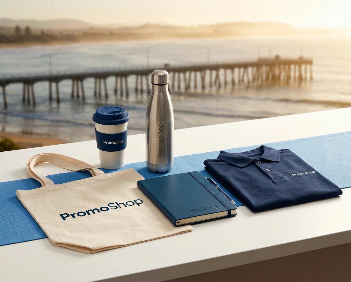Promotional products in Coffs Harbour NSW — branded merchandise flat-lay including a reusable coffee cup, stainless steel water bottle, canvas tote bag, A5 notebook with pen and embroidered polo shirt, ready for Coffs Harbour corporate buyers via PromoShop