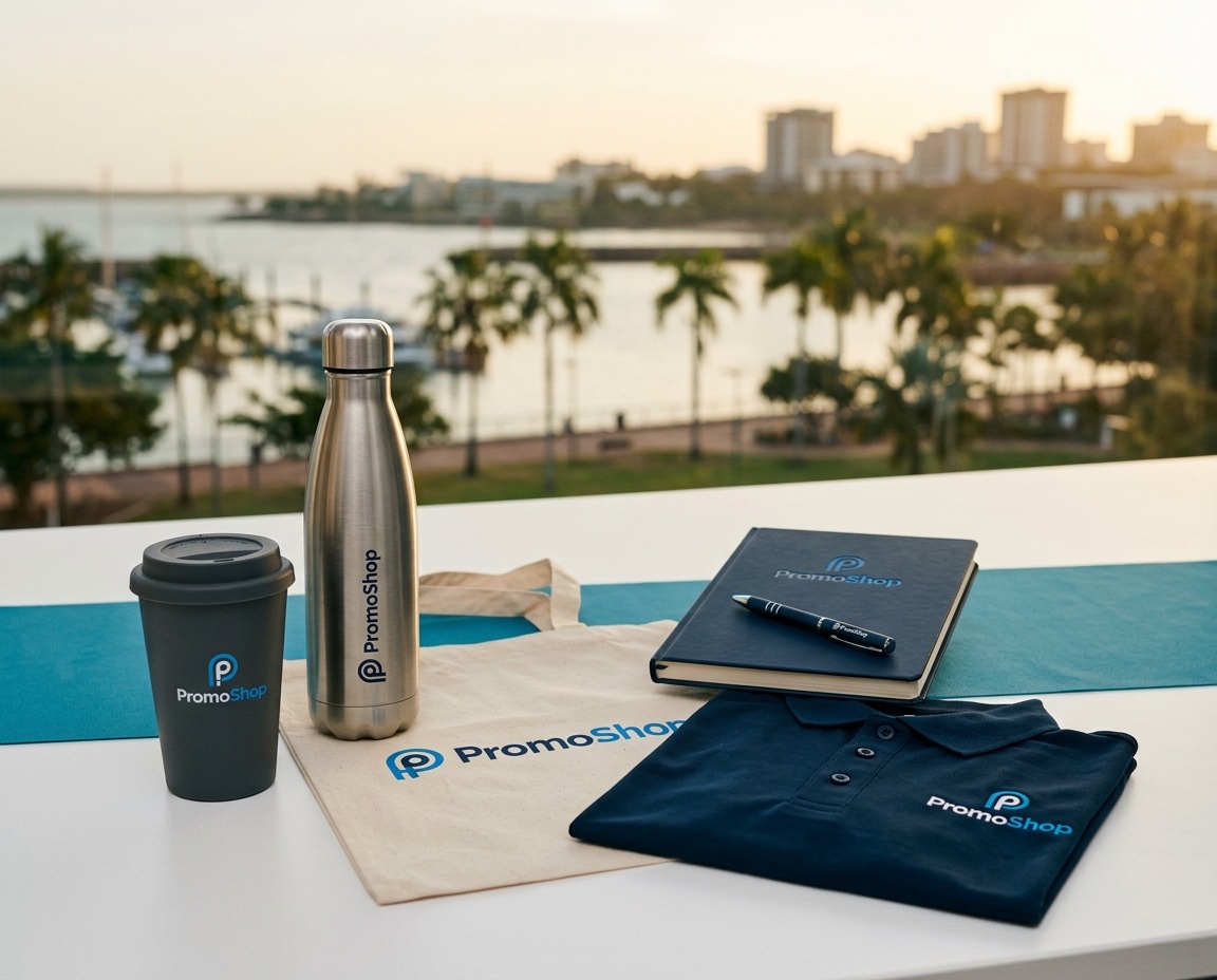 Promotional products in Darwin NT — branded merchandise flat-lay including a reusable coffee cup, stainless steel water bottle, canvas tote bag, A5 notebook with pen and embroidered polo shirt, ready for Darwin corporate buyers via PromoShop