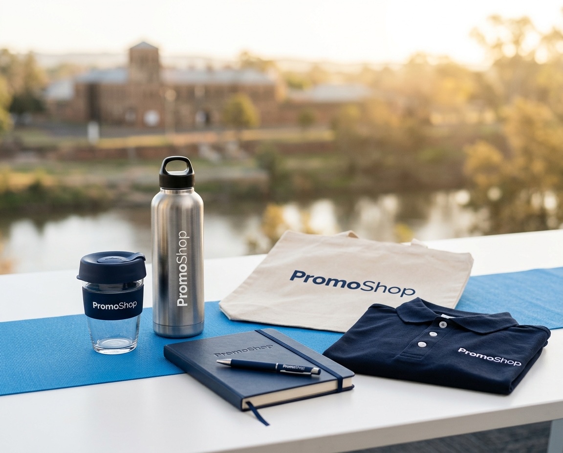 Promotional products in Dubbo NSW — branded merchandise flat-lay including a reusable coffee cup, stainless steel water bottle, canvas tote bag, A5 notebook with pen and embroidered polo shirt, ready for Dubbo corporate buyers via PromoShop