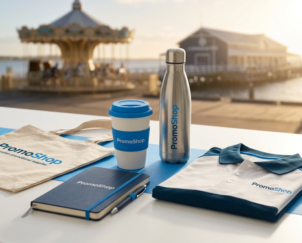 Promotional products in Geelong VIC — branded merchandise flat-lay including a reusable coffee cup, stainless steel water bottle, canvas tote bag, A5 notebook with pen and embroidered polo shirt, ready for Geelong corporate buyers via PromoShop