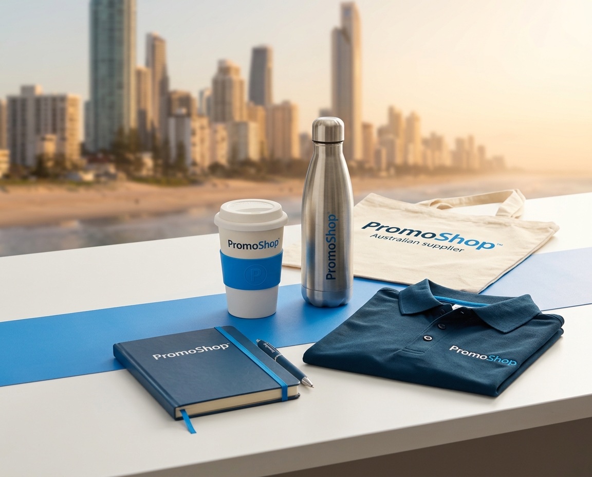 Promotional products in Gold Coast QLD — branded merchandise flat-lay including a reusable coffee cup, stainless steel water bottle, canvas tote bag, A5 notebook with pen and embroidered polo shirt, ready for Gold Coast corporate buyers via PromoShop