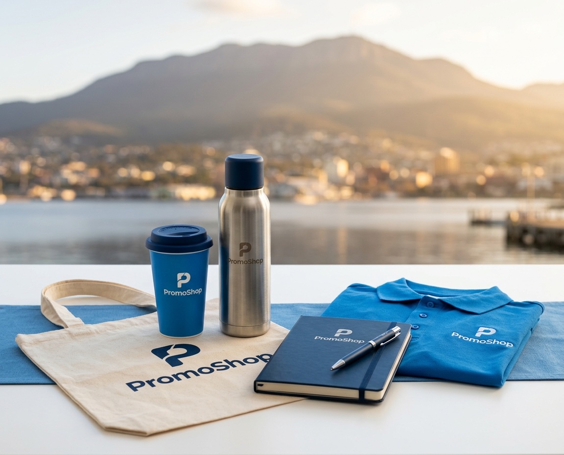 Promotional products in Hobart TAS — branded merchandise flat-lay including a reusable coffee cup, stainless steel water bottle, canvas tote bag, A5 notebook with pen and embroidered polo shirt, ready for Hobart corporate buyers via PromoShop