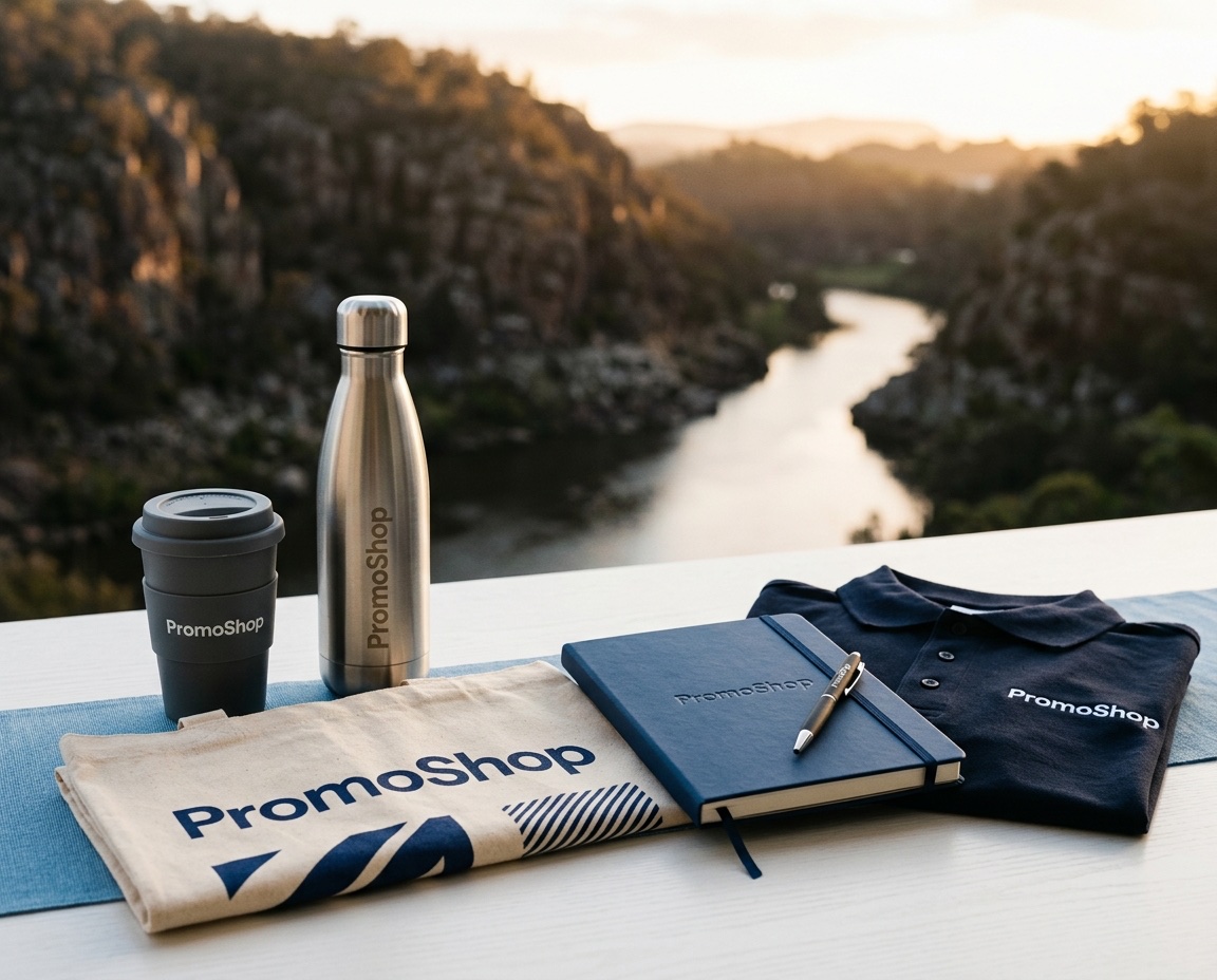 Promotional products in Launceston TAS — branded merchandise flat-lay including a reusable coffee cup, stainless steel water bottle, canvas tote bag, A5 notebook with pen and embroidered polo shirt, ready for Launceston corporate buyers via PromoShop