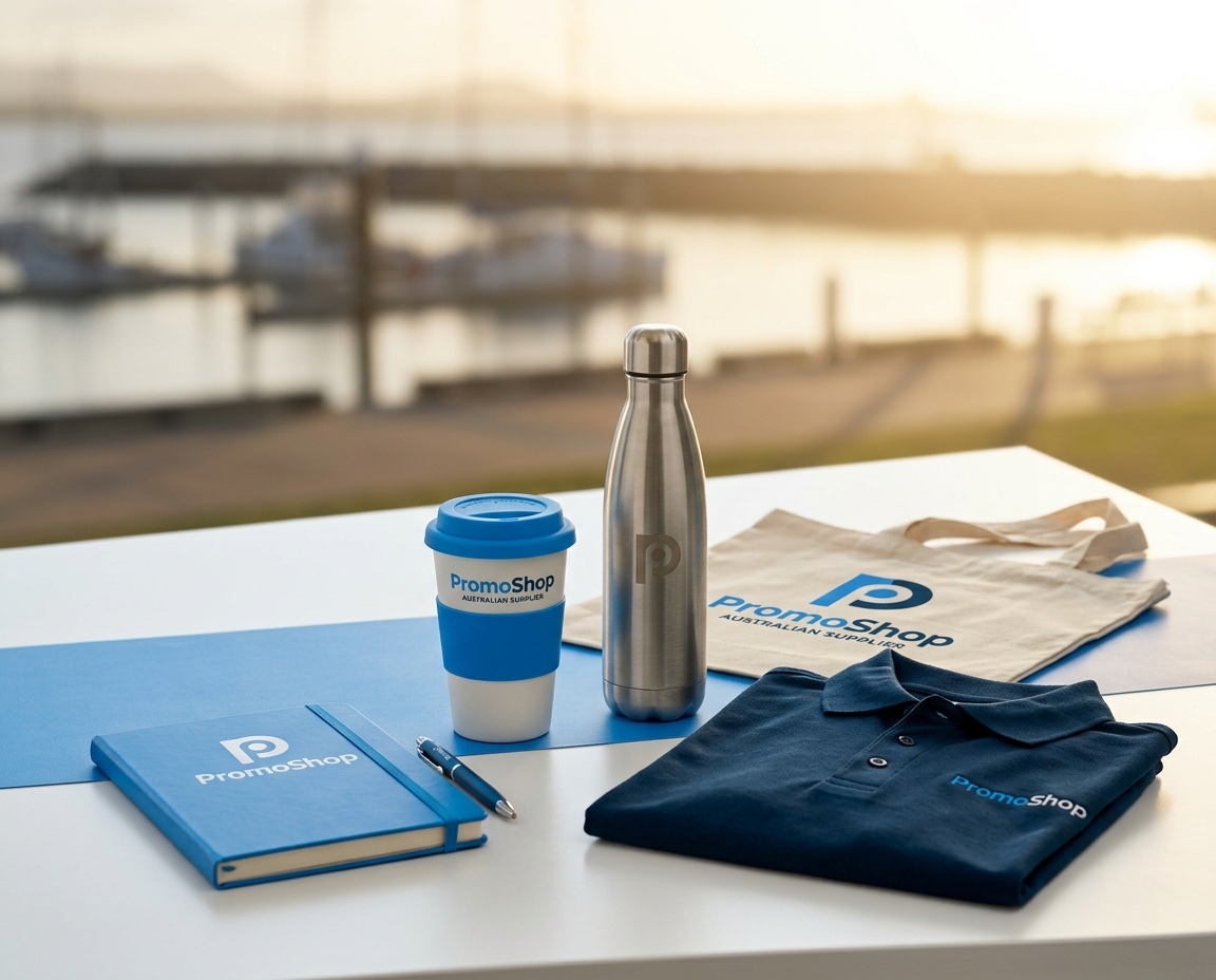 Promotional products in Mackay QLD — branded merchandise flat-lay including a reusable coffee cup, stainless steel water bottle, canvas tote bag, A5 notebook with pen and embroidered polo shirt, ready for Mackay corporate buyers via PromoShop