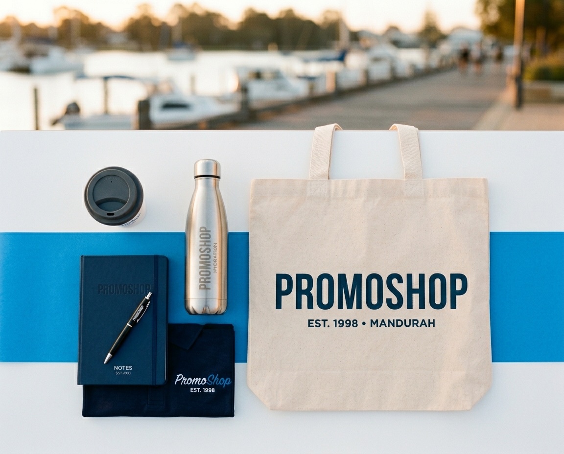 Promotional products in Mandurah WA — branded merchandise flat-lay including a reusable coffee cup, stainless steel water bottle, canvas tote bag, A5 notebook with pen and embroidered polo shirt, ready for Mandurah corporate buyers via PromoShop