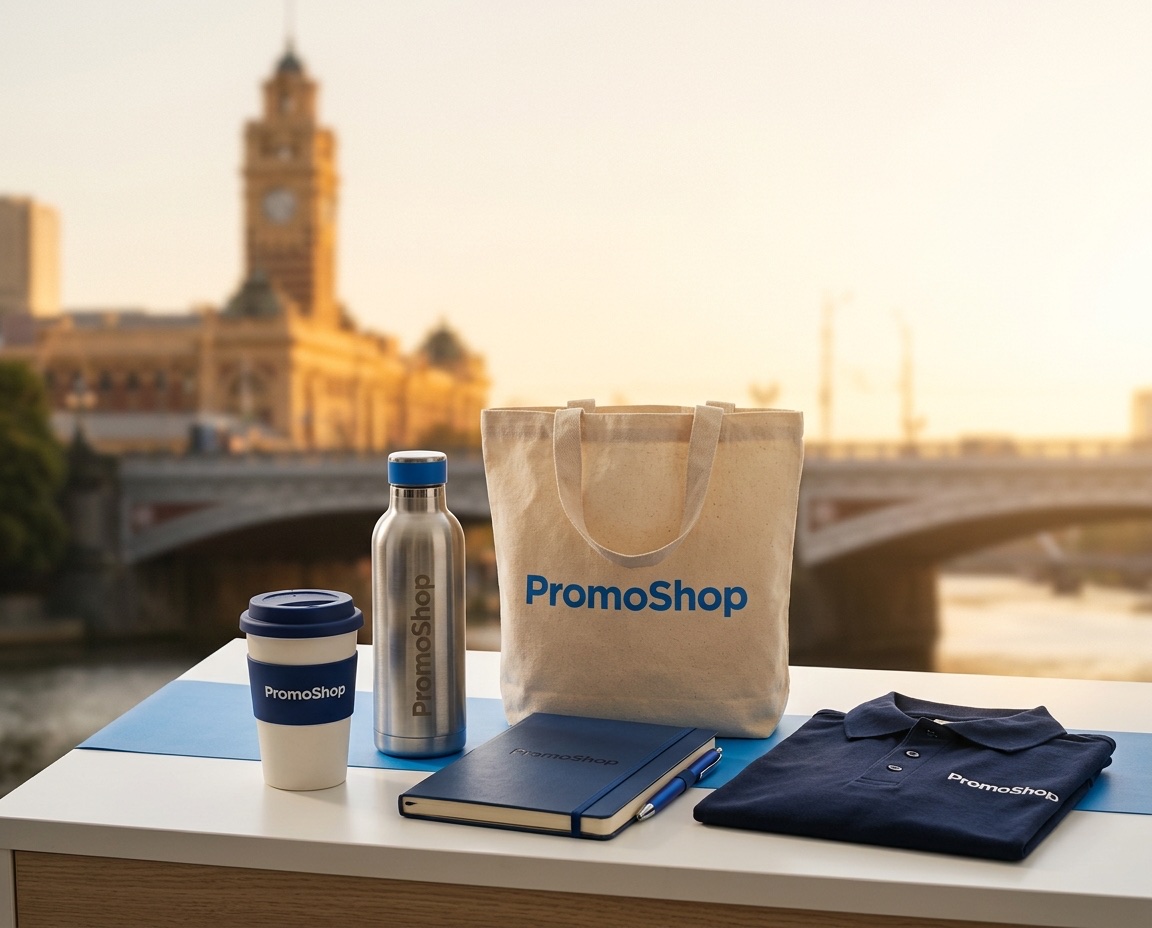 Promotional products in Melbourne VIC — branded merchandise flat-lay including a reusable coffee cup, stainless steel water bottle, canvas tote bag, A5 notebook with pen and embroidered polo shirt, ready for Melbourne corporate buyers via PromoShop