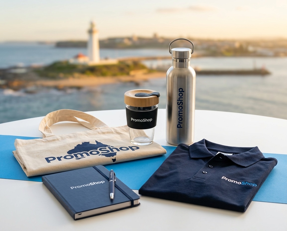 Promotional products in Newcastle NSW — branded merchandise flat-lay including a reusable coffee cup, stainless steel water bottle, canvas tote bag, A5 notebook with pen and embroidered polo shirt, ready for Newcastle corporate buyers via PromoShop