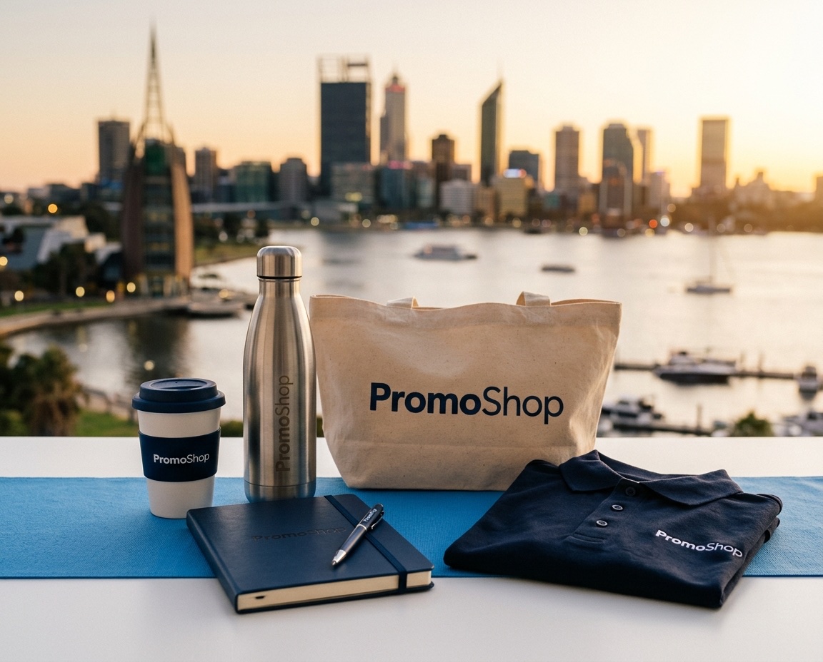 Promotional products in Perth WA — branded merchandise flat-lay including a reusable coffee cup, stainless steel water bottle, canvas tote bag, A5 notebook with pen and embroidered polo shirt, ready for Perth corporate buyers via PromoShop