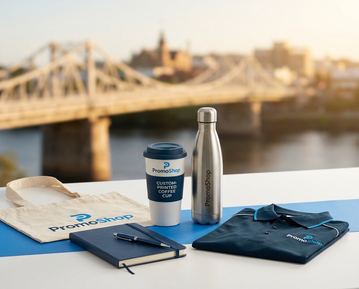 Promotional products in Rockhampton QLD — branded merchandise flat-lay including a reusable coffee cup, stainless steel water bottle, canvas tote bag, A5 notebook with pen and embroidered polo shirt, ready for Rockhampton corporate buyers via PromoShop