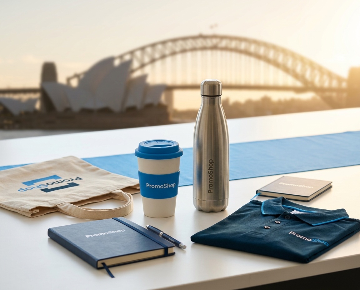 Promotional products in Sydney NSW — branded merchandise flat-lay including a reusable coffee cup, stainless steel water bottle, canvas tote bag, A5 notebook with pen and embroidered polo shirt, ready for Sydney corporate buyers via PromoShop