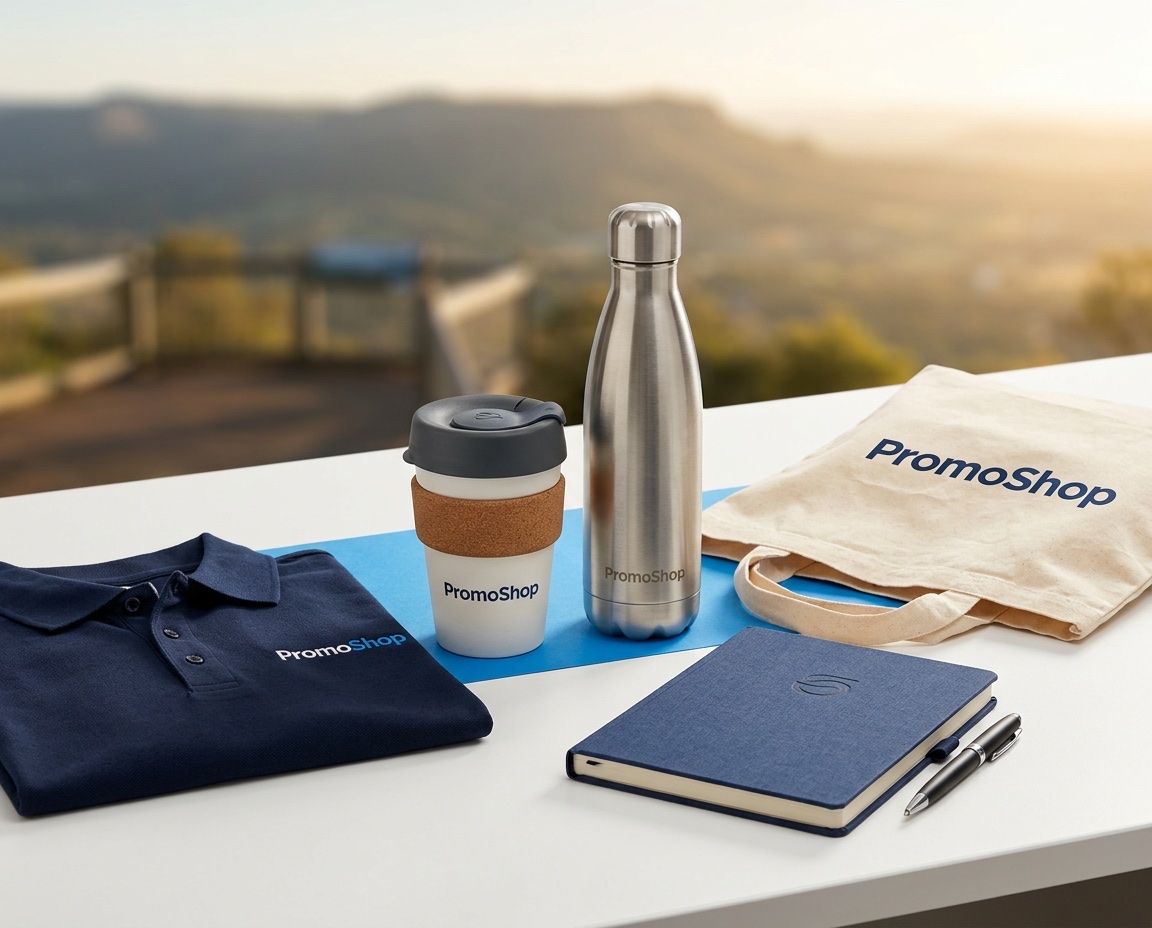 Promotional products in Toowoomba QLD — branded merchandise flat-lay including a reusable coffee cup, stainless steel water bottle, canvas tote bag, A5 notebook with pen and embroidered polo shirt, ready for Toowoomba corporate buyers via PromoShop