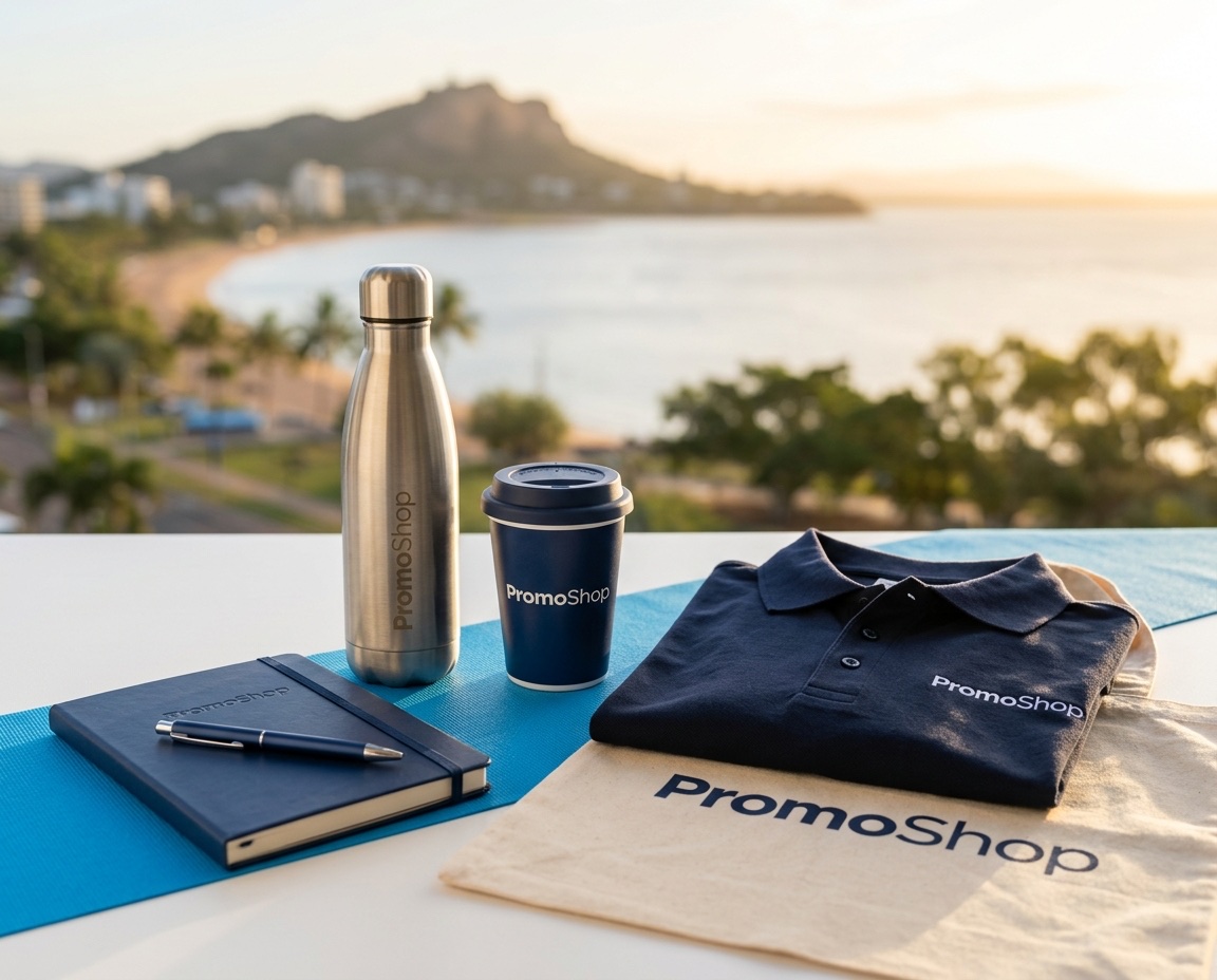 Promotional products in Townsville QLD — branded merchandise flat-lay including a reusable coffee cup, stainless steel water bottle, canvas tote bag, A5 notebook with pen and embroidered polo shirt, ready for Townsville corporate buyers via PromoShop