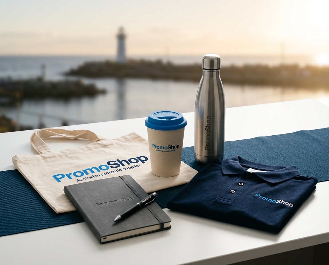 Promotional products in Wollongong NSW — branded merchandise flat-lay including a reusable coffee cup, stainless steel water bottle, canvas tote bag, A5 notebook with pen and embroidered polo shirt, ready for Wollongong corporate buyers via PromoShop