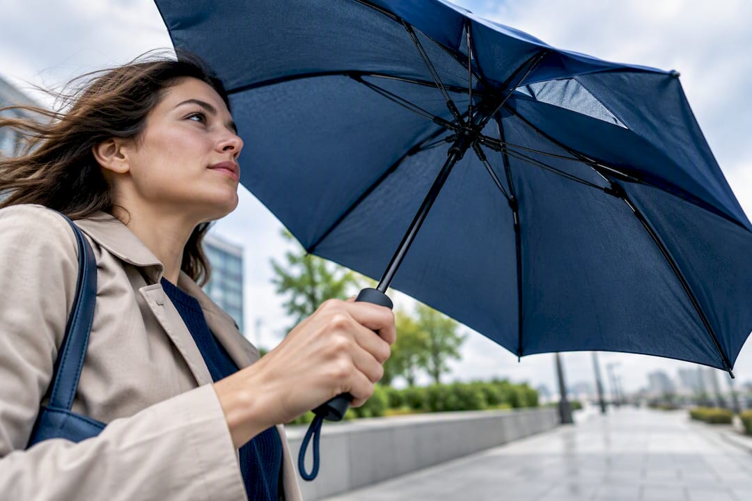 Close-up of vented umbrella ribs in wind