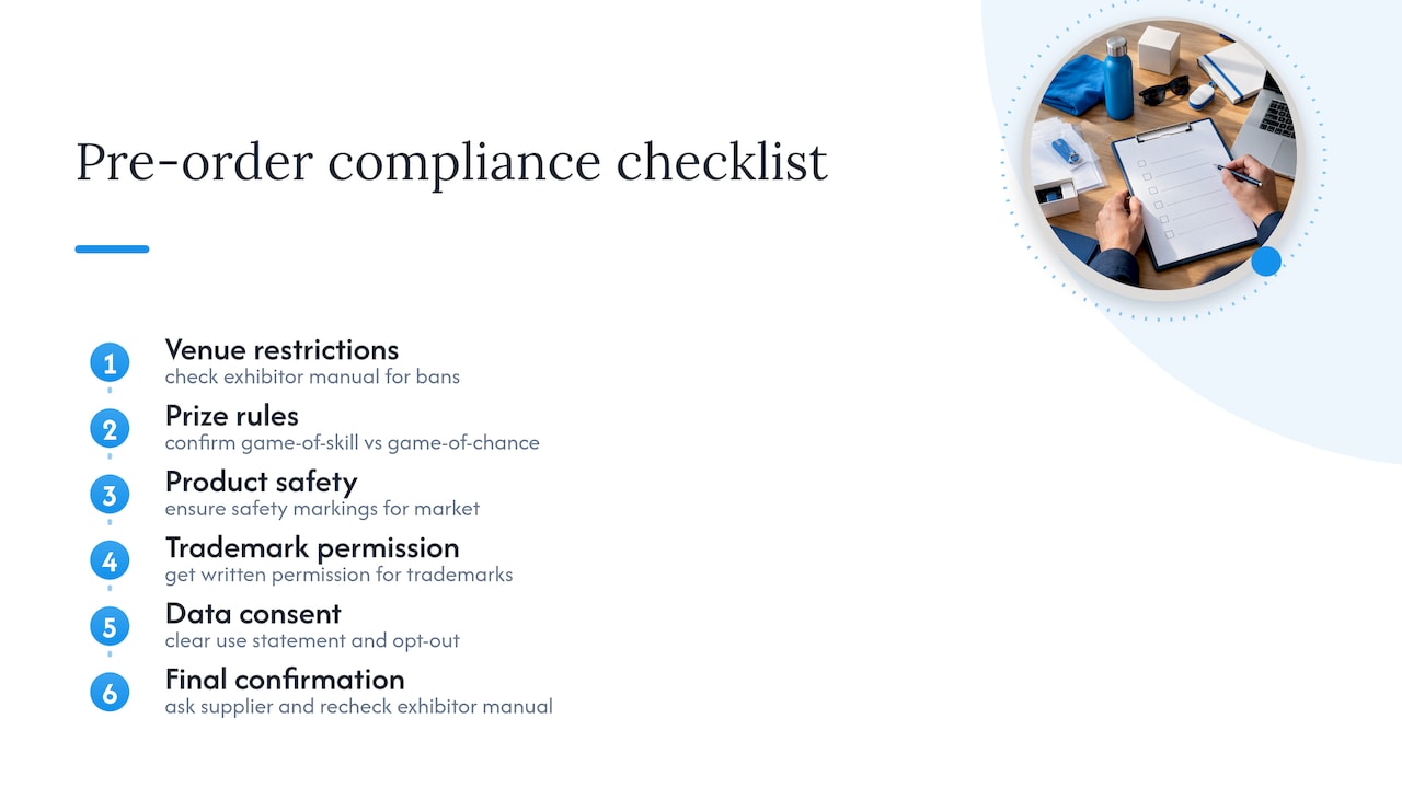 Trade show giveaway compliance checks