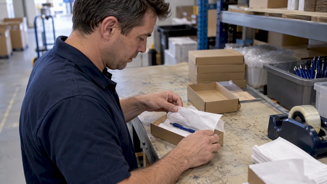 Hands packing a pen in tissue paper