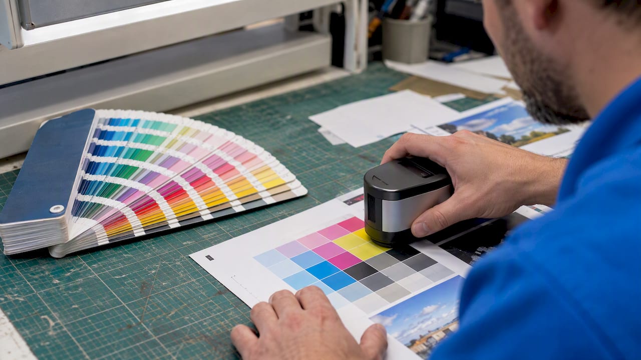 Spectrophotometer measuring a printed colour patch