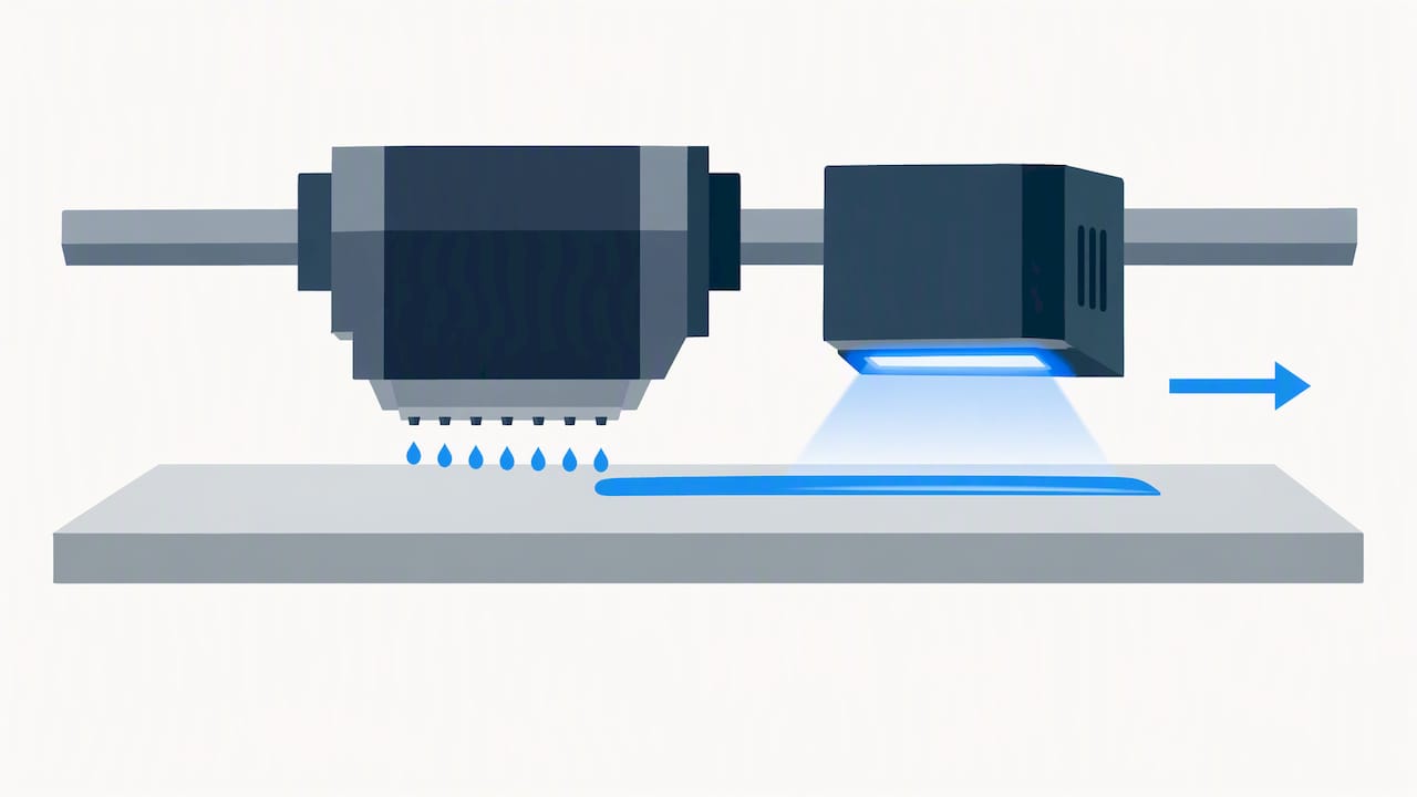 Printhead deposits ink then UV lamp cures it