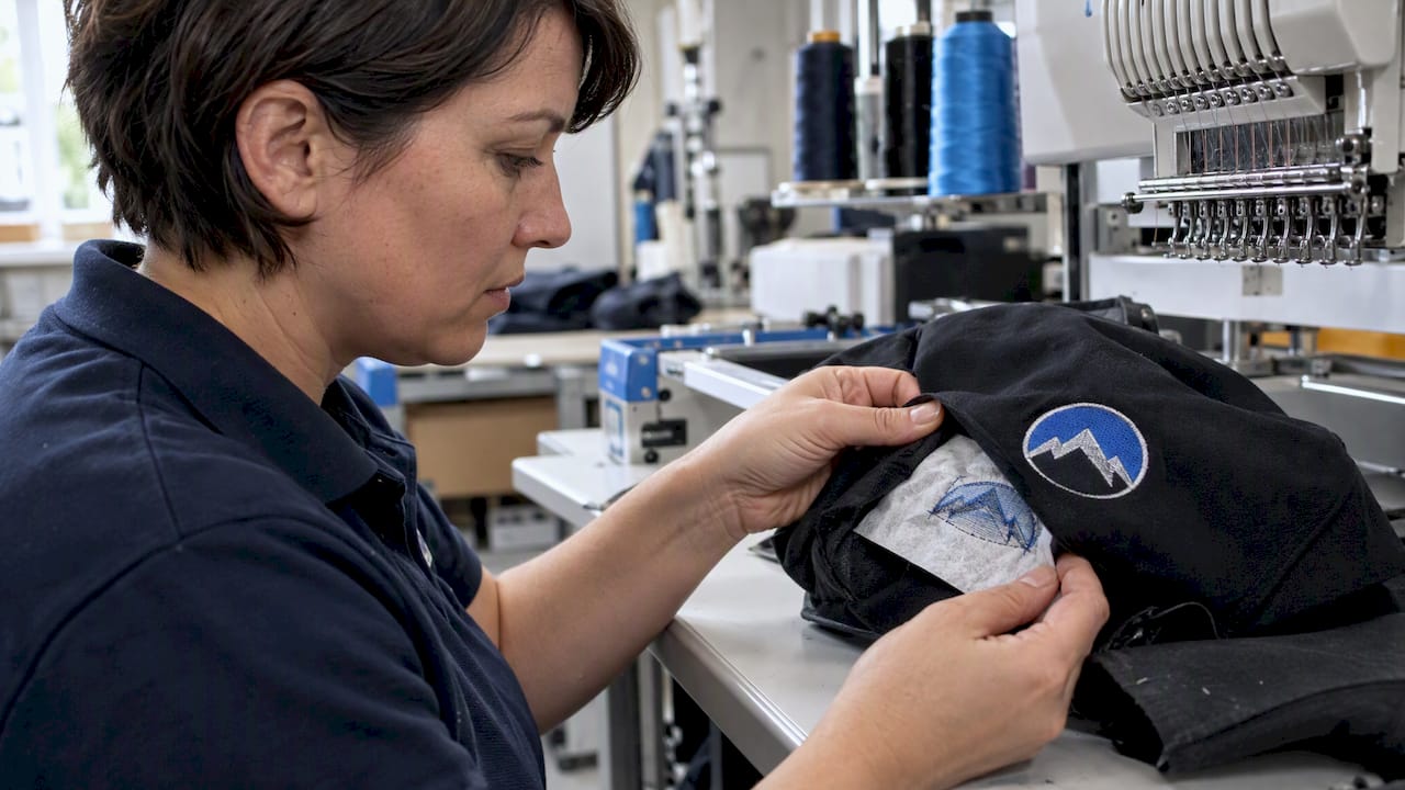 Stabiliser backing beneath embroidered logo stitching