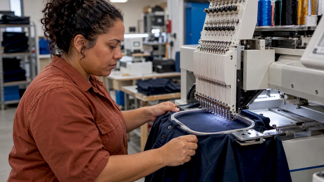 Machine stitching a logo onto a hooped polo shirt